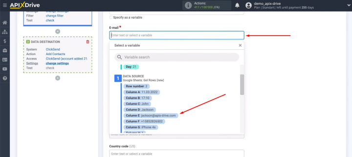 Google Sheets and ClickSend integration | Variables from Google Sheets