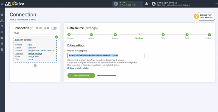 Tally and Slack integration | Return to ApiX-Drive and continue configuration