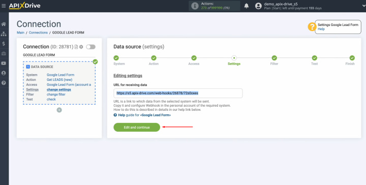 Google Lead Form and Google Sheets integration | Click “Edit and continue”