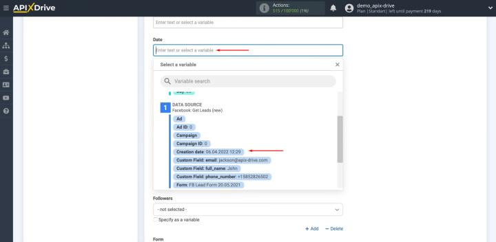 Facebook and ClickUp integration | Select a variable from the drop-down list