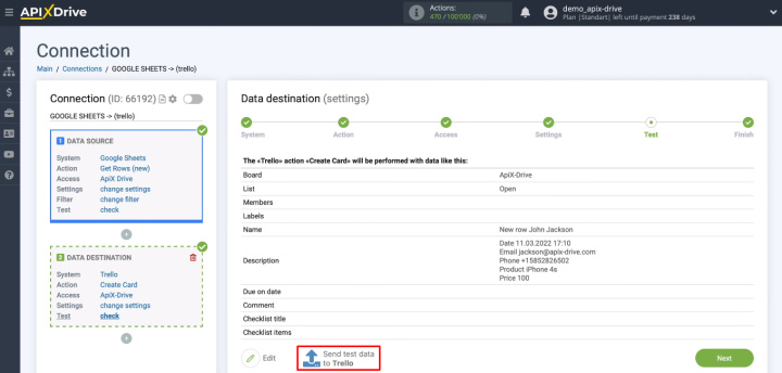 Google Sheets and Trello integration | Send test data to Trello&nbsp;