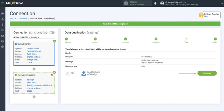 Google Sheets and Telesign integration | Return to the ApiX-Drive service