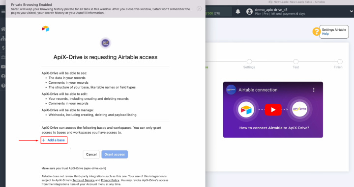 Agile CRM and Airtable integration | Click "Add a Base"