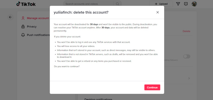 How to deactivate tiktok account | Information window