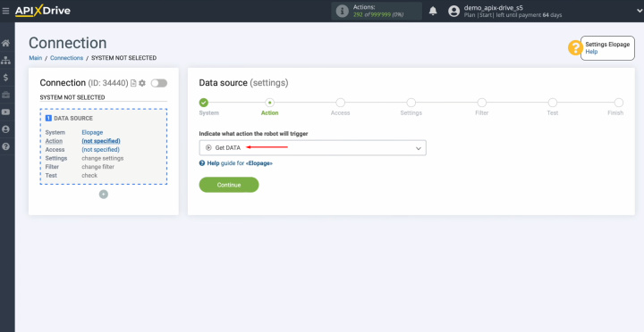 Elopage and Google Sheets integration | Select the action "Get DATA"