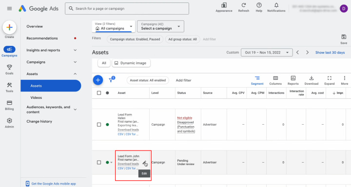 Google Lead Form and Google Sheets integration | Select the lead form