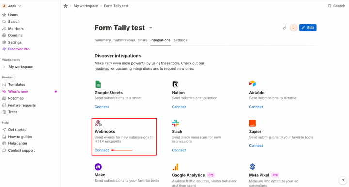 Tally and ActiveCampaign integration | Find the Webhooks system and click “Connect”