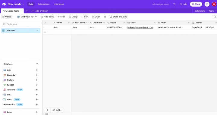 Result of the data transfer to Airtable Result of the data transfer to Airtable