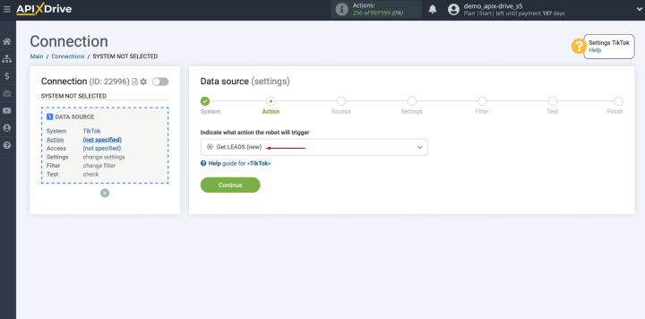 TikTok and Google Sheets integration | Select the action “Get LEADS (new)”