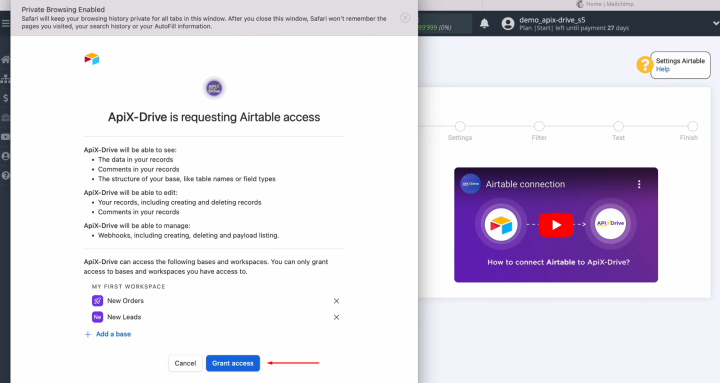Airtable and MailChimp integration | Once all bases added, click “Grant access”