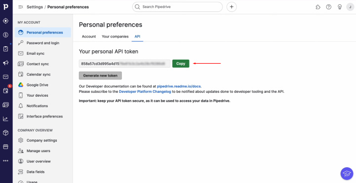 Pipedrive and Airtable integration | Copy the API token