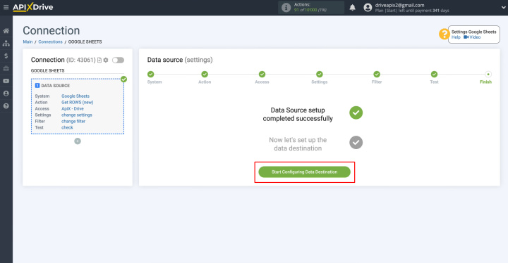 Google Sheets and Telesign integration | Click “Start Configuring Data Destination”