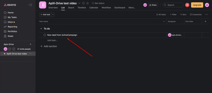 ActiveCampaign and Asana integration | The test task in Asana