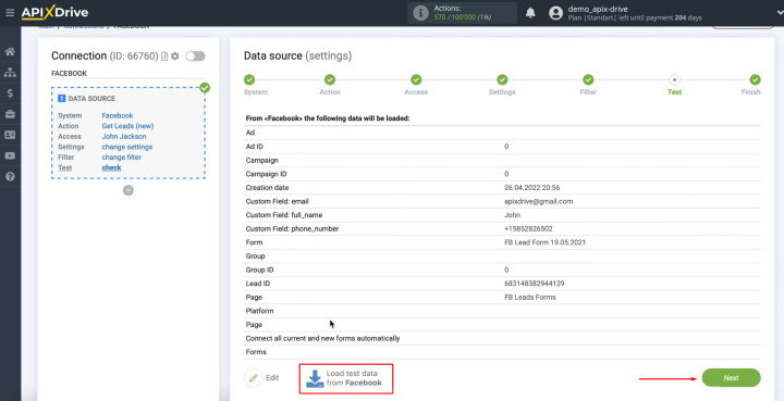 Facebook and BulkSMS integration | Click “Load test data from Facebook” and then “Next”