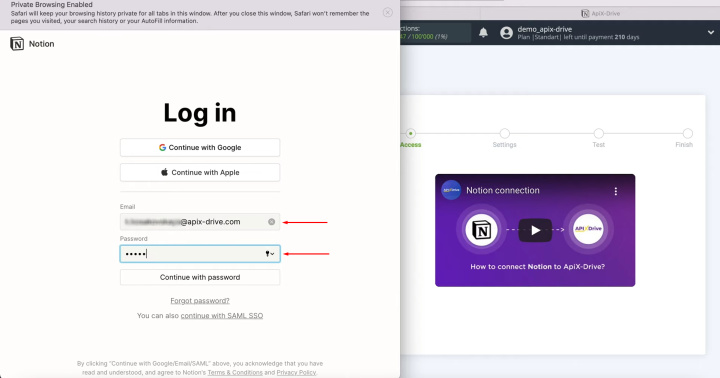 HubSpot and Notion integration | Specify the login and password