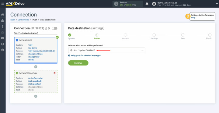 Tally and ActiveCampaign integration | Select the action “Add/Update CONTACT”