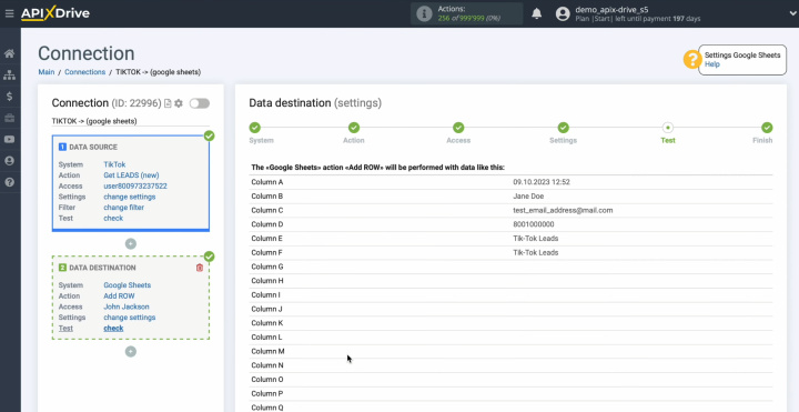 TikTok and Google Sheets integration | An example of the data that will be transferred