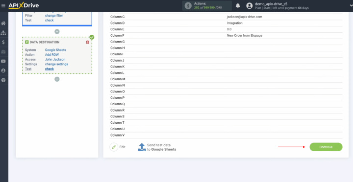 Elopage and Google Sheets integration | Return to the ApiX-Drive system and continue configuration