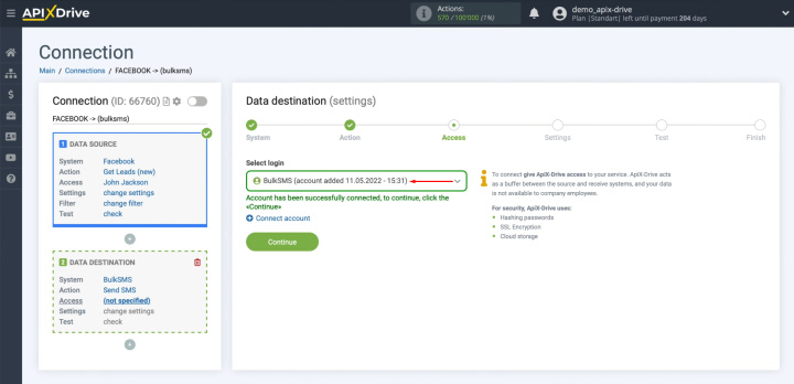 Facebook and BulkSMS integration | Select the connected account