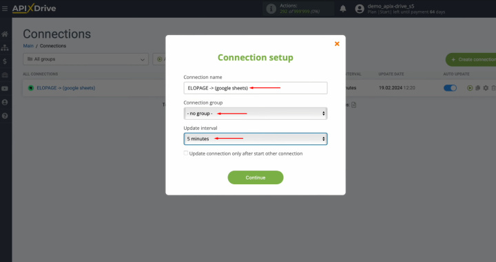 Elopage and Google Sheets integration | Select the interval for the operation of the connection