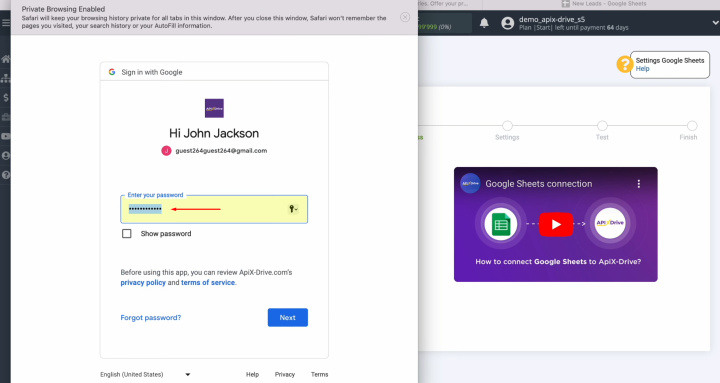 Google Sheets and Elopage integration | Specify the password for your Google Sheets personal account