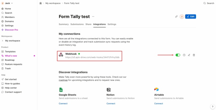 Tally and HubSpot integration | Make sure that the webhook system is enabled Tally and HubSpot integration | Make sure that the webhook system is enabled