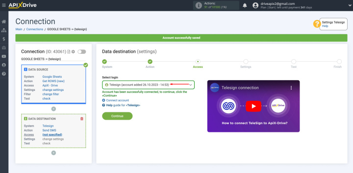 Google Sheets and Telesign integration | Select the connected account