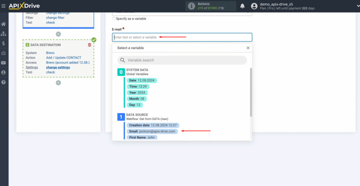 Webflow and Brevo integration | Click in the field and select a variable from the drop-down list