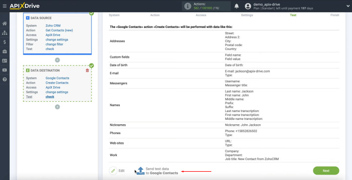 Zoho CRM and Google Contacts integration | Send test data