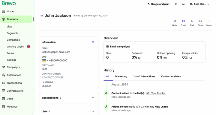 Webflow and Brevo integration | Result of the data transfer to Brevo