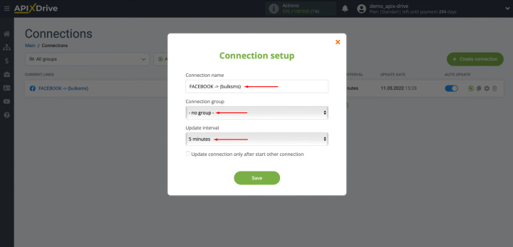 Facebook and BulkSMS integration | Choose the desired update interval for the connection