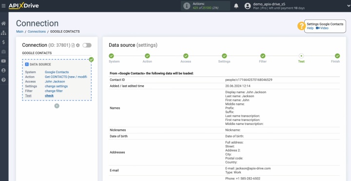 Example of data for one of your contacts