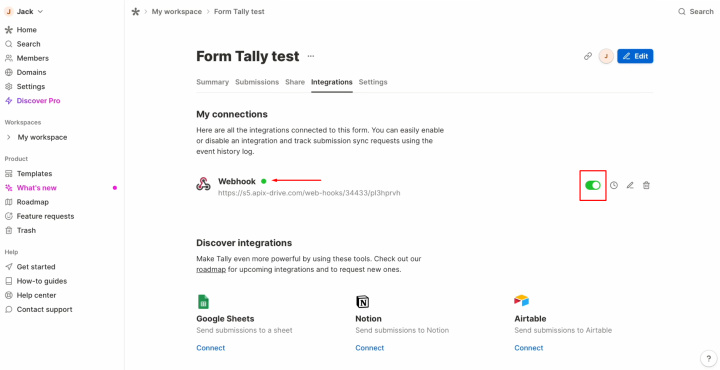 Tally and MailerLite integration | Check that the webhook system is turned on
