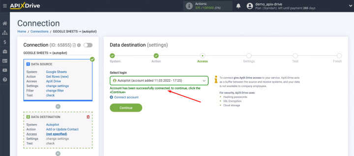 Google Sheets and Autopilot integration | Select the Autopilot account