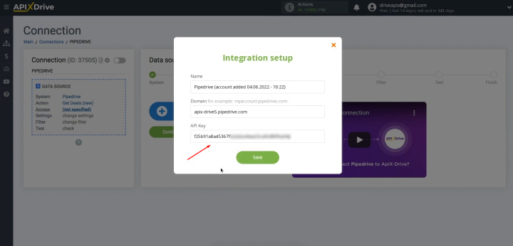 Pipedrive and Slack integration | Paste the API key into the appropriate field