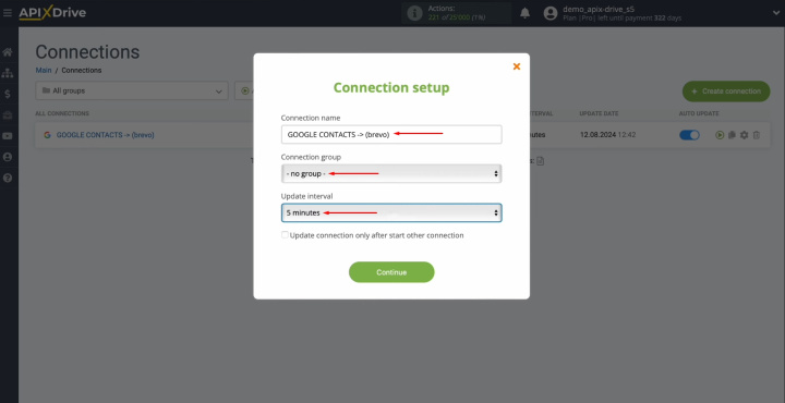 Google Contacts and Brevo integration | Select the interval for the operation of the connection