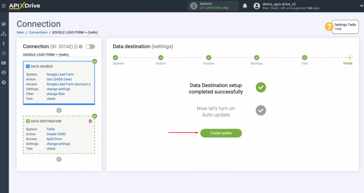 Google Lead Form and Trello integration | Click on the green button “Enable update”