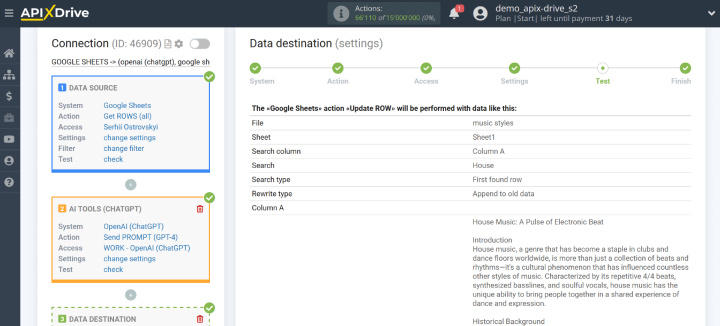 ApiX-Drive + ChatGPT integration | Data at the "Test" stage