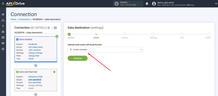 Facebook and Salesforce integration | Select an action