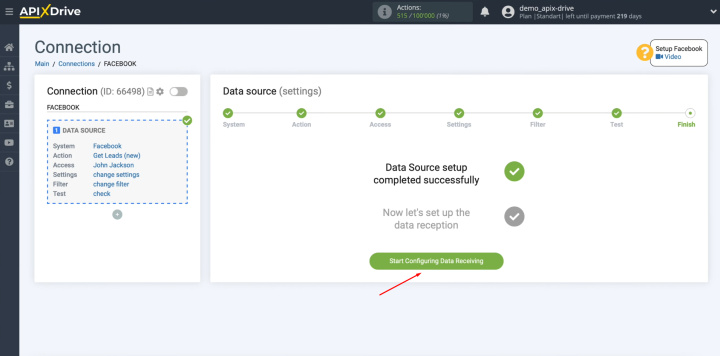 Facebook and ClickUp integration | Proceed to the "Data Receive" setting