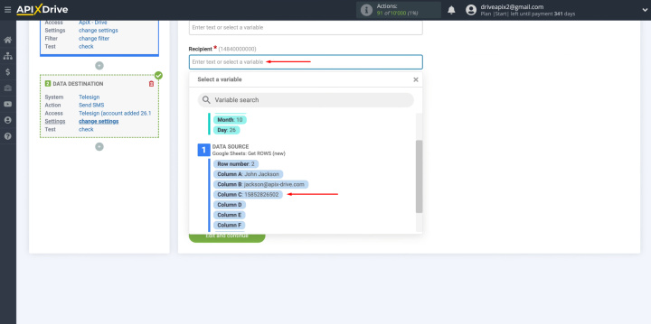 Google Sheets and Telesign integration | Fill in the fields with variables from Google Sheets