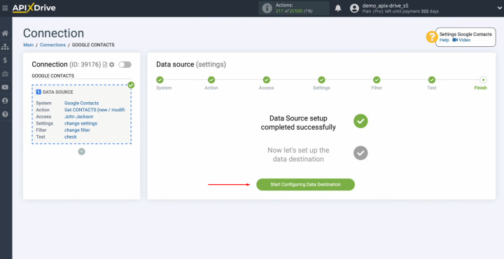 Google Contacts and SendGrid integration | Click "Start Configuring Data Destination"