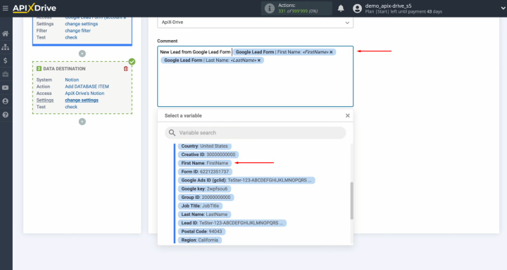 Google Ads Lead Form and Notion integration | Notion fields available for creating new database items