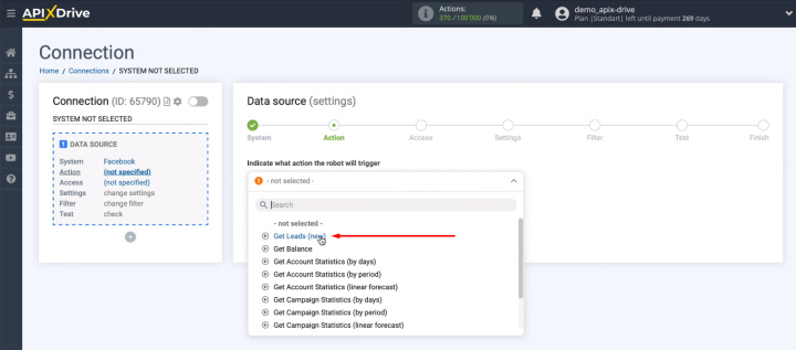 Facebook and Pipedrive integration | Select action "Get Leads (new)"