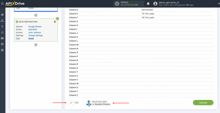 TikTok and Google Sheets integration | Click "Edit" or "Send test data to Google Sheets"