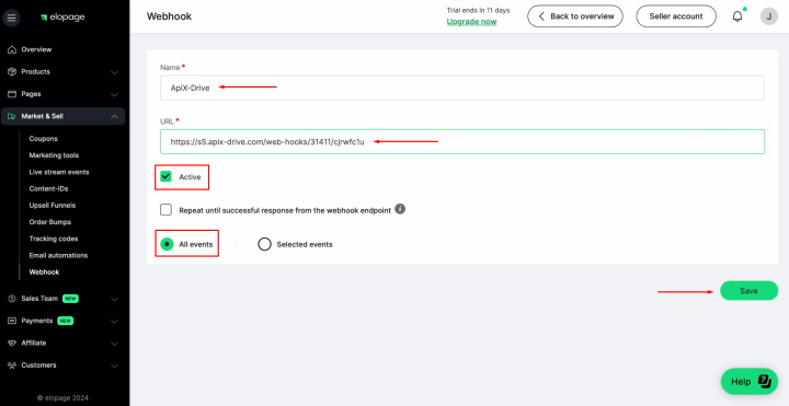 Elopage and Google Sheets integration | Paste the URL and leave “All events” selected