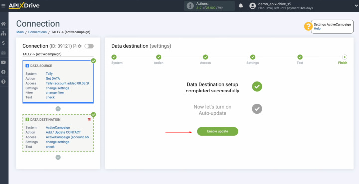 Tally and ActiveCampaign integration | Click “Enable update”