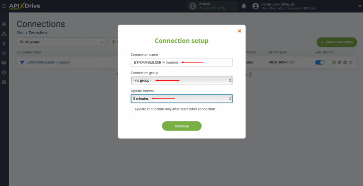 JetFormBuilder and Notion integration | Select the interval for the operation of the connection