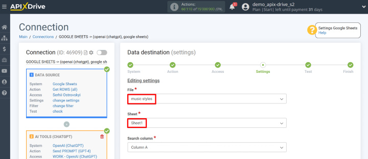 Integration settings for bulk article generation | We select a table and a sheet