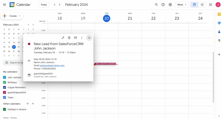 Result of the data transfer to Google Calendar